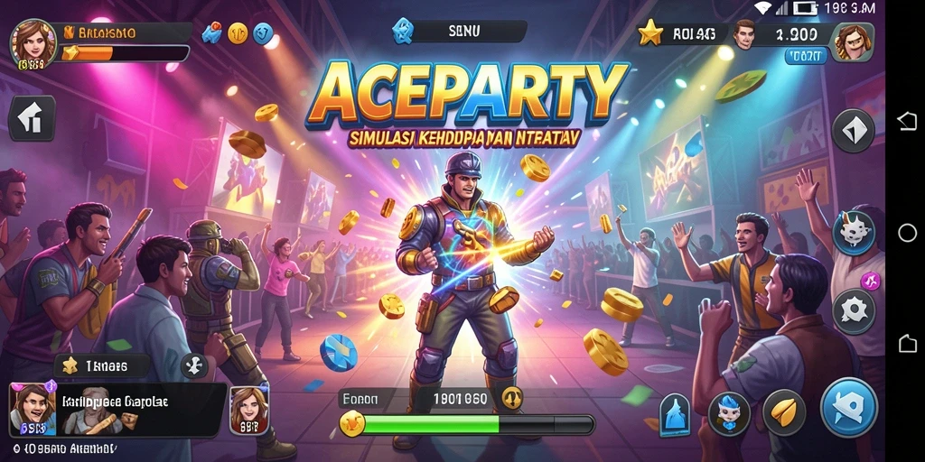 Tampilan gameplay ACEPARTY yang menunjukkan interaksi sosial dan aktivitas karakter.