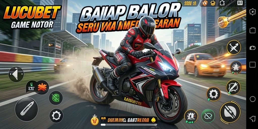 Tampilan gameplay menegangkan dari LUCUBET dengan motor balap cepat.