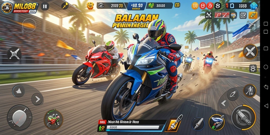Gameplay mendebarkan dalam balapan motor yang seru.