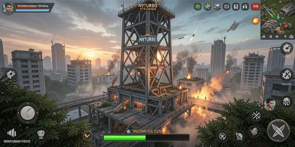 Screenshot gameplay menampilkan menara dan musuh dalam pertahanan yang intens.