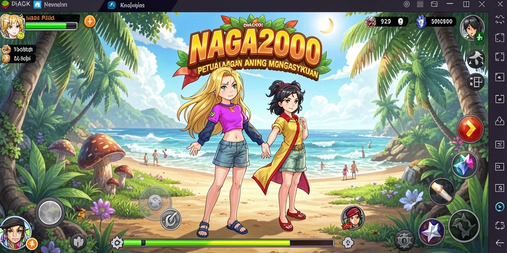Tangkapan layar dari gameplay NAGA2000 yang menampilkan karakter anime yang dinamis.
