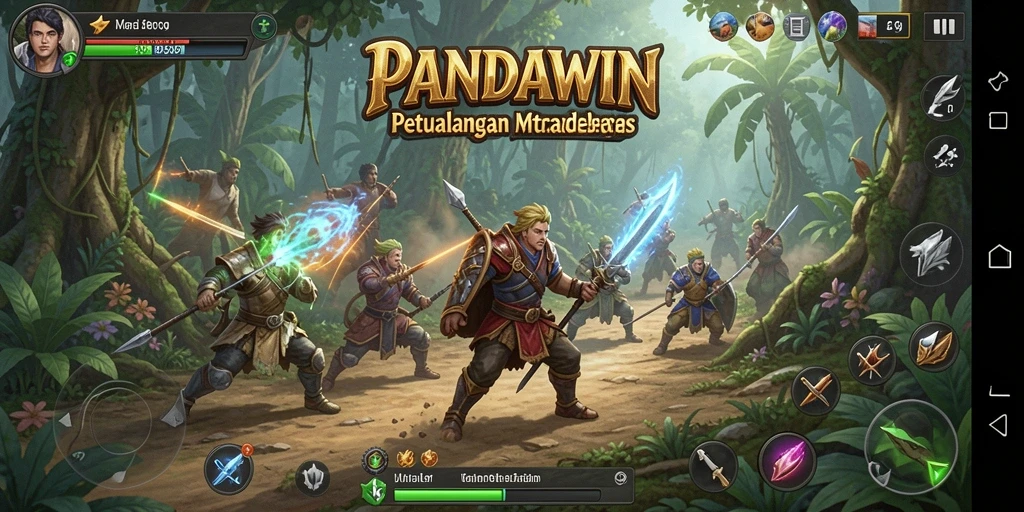 Screenshot gameplay PANDAWIN yang menunjukkan strategi pertempuran